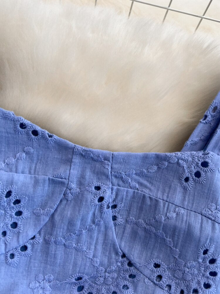 Women Hollow Out Short Dress Summer Ruffles Vintage Square Collar A Line Dresses Ladies High Waisted Beach Dress