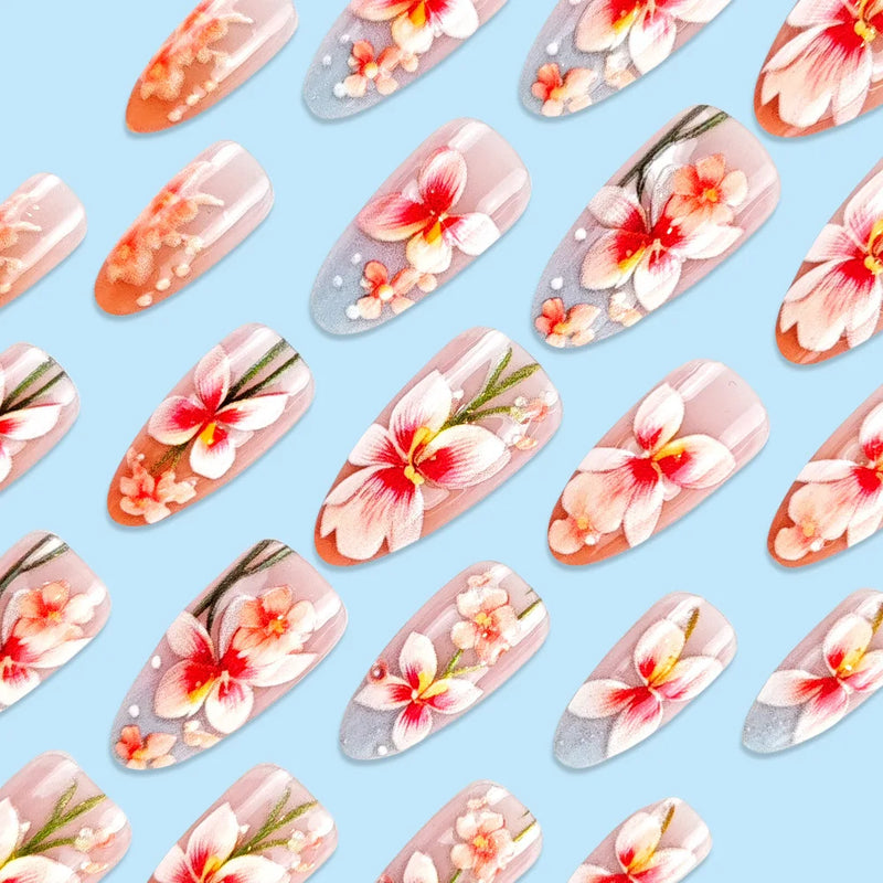 24pcs Ice Transparent Pink False Nails Almond Press On Nails Spring Charming False Nail Tips