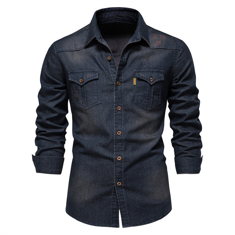 Denim Shirt Men Long Sleeve Thin Casual Cowboy Shirts For Men Casual Slim Fit Mens Vintage