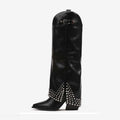 Black knee-high boot with studded design on a white background, Obroi