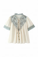 Summer Women's Lace Splice Embroidered Shirts Lady Elegant French Loose Lace-up Blouses