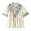 Summer Women's Lace Splice Embroidered Shirts Lady Elegant French Loose Lace-up Blouses