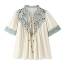 Summer Women's Lace Splice Embroidered Shirts Lady Elegant French Loose Lace-up Blouses