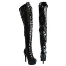 Boots Women Black Side Zipper Thin High Heels Round Toe Front Strap Lace Up Platform Thigh Boots
