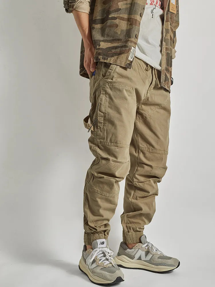 Autumn American Retro Woven Cargo Pants Men's Washed Elastic Waist Drawstring Loose Casual Ankle-tied Trousers