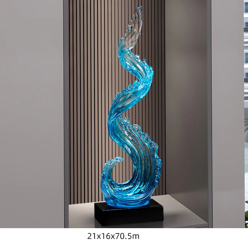 Obroi blue glass sculpture on a stand with text and dimensions displayed
