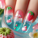 24pcs Fresh Summer Day Nails Long Almond Designs Press On Nails Blue Ocean French Sweet Nail Tip