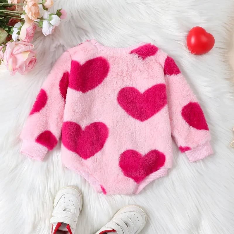 Winter Warm Bodysuits For Baby Girls Fuzzy Rompers Infant Heart Round Neck Long Sleeve Playsuits Jumpsuits