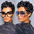 Two views of a person with styled hair wearing sunglasses and earrings against a neutral background, Obroi