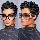 Two views of a person with styled hair wearing sunglasses and earrings against a neutral background, Obroi
