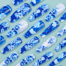 24pcs Blue and White Porcelain False Nails with Designs Long Press On Nails