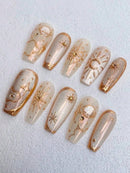 Handmade Nails American Style Medium Length Gold Cosmic Moon Universe Radiant