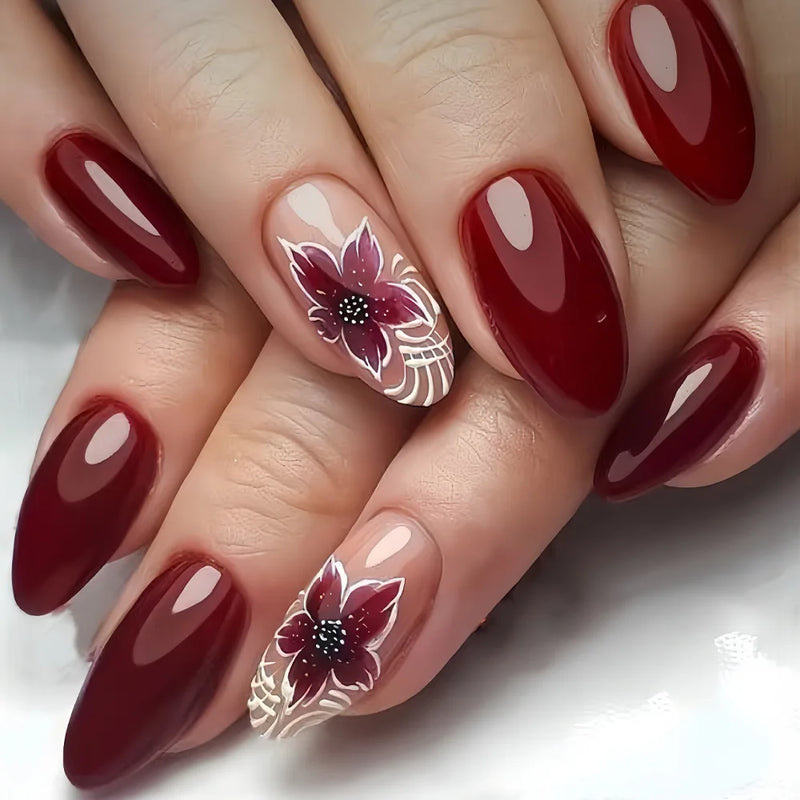 24pcs/set Medium long fake nails for Spring summer season Flowers leaf gradient almond tips press on false nail art
