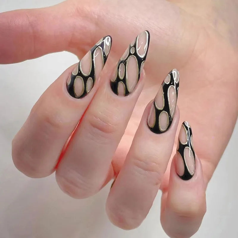 Nails with black and white abstract design on a neutral background, Obroi