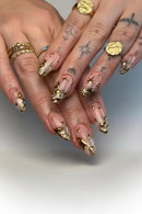 24PCS Light Luxury Nails with Gold Plated Gold Wire Stripe Star Nails Punk Drip Press on Nails
