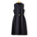 Elegant Women Autumn Sleeveless Hepburn Belt Over The Knee Female Dress
