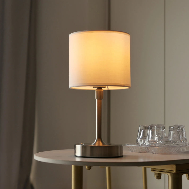 Table Lamp Copper White Linen Fabric USB Touch Cordless Dimmer Reading Table Light