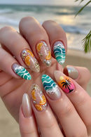 24PCS Summer Vacation Style Almond Press on Nails with Ocean Blue French Sweet Coconut Tree Pattern Fake Nails Wearable Manicure