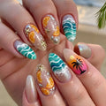 24PCS Summer Vacation Style Almond Press on Nails with Ocean Blue French Sweet Coconut Tree Pattern Fake Nails Wearable Manicure