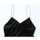 Sexy Women Shiny Strap Black Velvet Midi Dresses Front Ruching Slit Hem Female Christmas Party