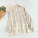 Girl Hollow Out Ruffled Hem Patchwork Cotton T-Shirts Women Autumn Casual Loose Shirts