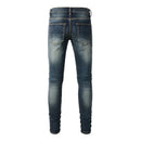 Men Black Leather Patches Denim Jeans Streetwear Pants Holes Ripped Dark Blue Stretch Trousers