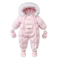 Pink baby snowsuit with white fur hood on a white background, Obroi