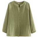 Spring Women Pleated Chiffon Blouses V Necks Long Sleeve Solid Casual Pullover Shirts Loose Tops