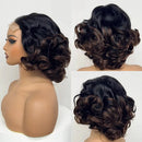 Three views of a styled hairpiece on a mannequin head against a white background, Obroi