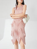 Pleated Round Collar Dress Women Sleeveless Medium Long Chic Style Female Clothing