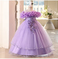 Elegant Girl Party Dress Flower Appliques Wedding Bridesmaid Mesh Evening Ball Gown for Kids Children