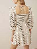 Women Dresses Summer Elegant Square Neck Back Tie Vintage Polka Dot Dress Woman 3/4 Puff Sleeve Smocked Casual Mini Dress