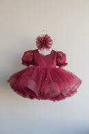 Kids Girls Princess Tulle Pearls Bow Flower Girl Dresses Christmas Gift Wedding Birthday