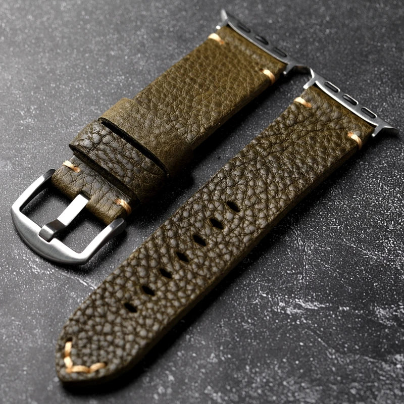 Handmade Head Layer Leather Watchband Lychee Pattern For Iwatch Apple Watch s8/S7 Genuine Leather
