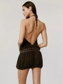 Halter Backless Pleated Mini Dress Women Off-shoulder Sleeveless Dresses