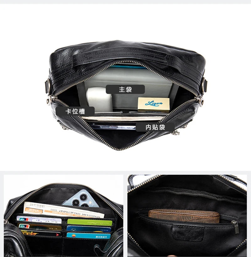 Genuine Leather Men's Bag soft Leather women Shoulder Bag Casual Crossbody Bag Briefcase black