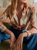 Women Floral Shirt Top Turn-Down Collar Single Breasted Lady Silk Cotton Blends Long Sleeve Blouse