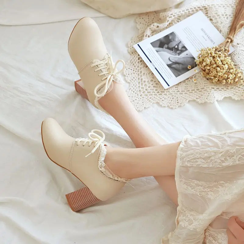 Female Pumps Round Toe Heels 7cm Lace Up Soft Women Shoes