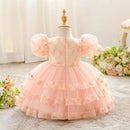 A toddler girl's formal party dress displayed on a dress form mannequin. The dress features a light pink and gold patterned bodice with puff sleeves and a tiered tulle skirt with floral lace trim, set against a soft, warm background with curtains and flowers, Obroi