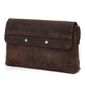 Brown leather clutch bag on a white background
