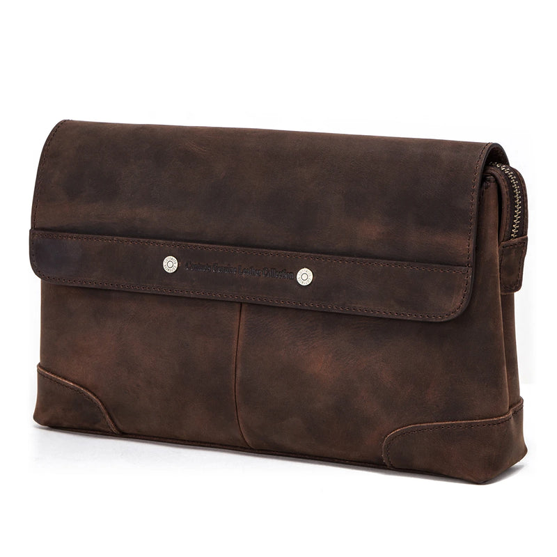 Brown leather clutch bag on a white background
