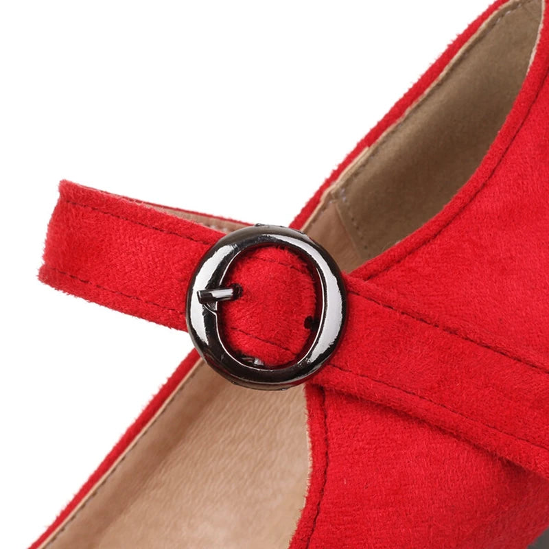 Women Pumps Round Toe Block Heels Flock Buckle Strap Elegant Solid