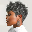 Silver Grey Pixie Cut Wig Glueless Short Bob Human Hair Wigs with Bangs Kinky Curly Layered Wigs For Women