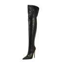 Black crocodile-patterned knee-high boot on a white background, Obroi