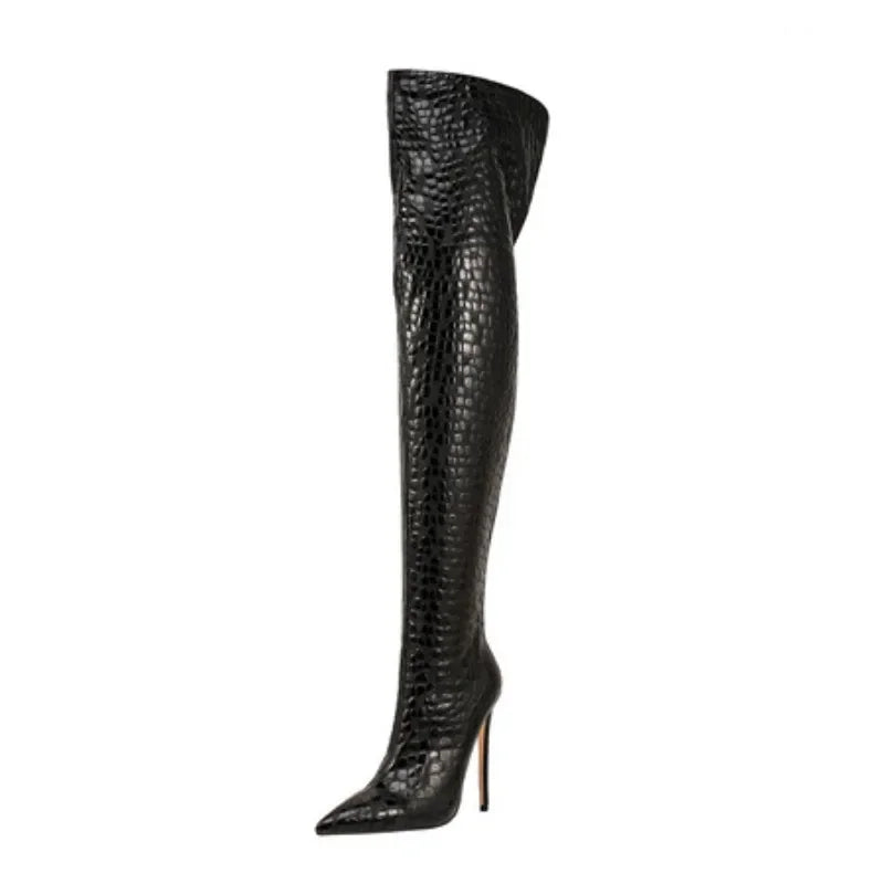 Black crocodile-patterned knee-high boot on a white background, Obroi