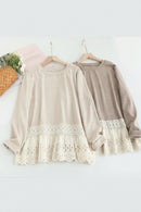 Girl Hollow Out Ruffled Hem Patchwork Cotton T-Shirts Women Autumn Casual Loose Shirts