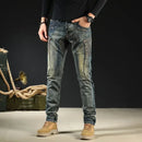 Jeans for Men Motorcycle Slim Fit Trousers Straight Retro Casual