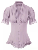 Gothic Shirt Women Renaissance Tops Summer Clothes Short Sleeve V-Neck Buttons Decorated Ruffled Blouse Female Ladies