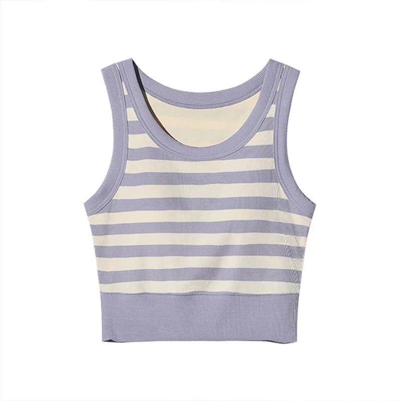 Women's Ribbed Bra Tank Top Tanks Striped Cropped Camisoles Sando Singlet Vest Sleeveless Casual