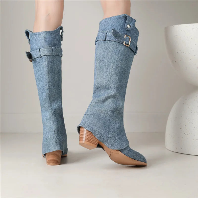 Pointed Toe Denim Slip On Winter Boots Square High Heels Buckle Boots Top Sale Ladies Pleated Knee High Boots